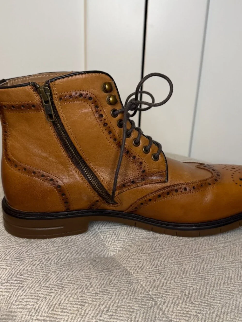 Steve Madden Men's P-Candid Wingtip Ankle Boot Size 12 Tan Brown Leather Lace Up